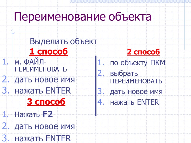 Переименование объекта 1 способ м. ФАЙЛ-ПЕРЕИМЕНОВАТЬ дать новое имя нажать ENTER Выделить объект Переименование объекта 1 способ м. ФАЙЛ-ПЕРЕИМЕНОВАТЬ дать новое имя нажать ENTER Выделить объект